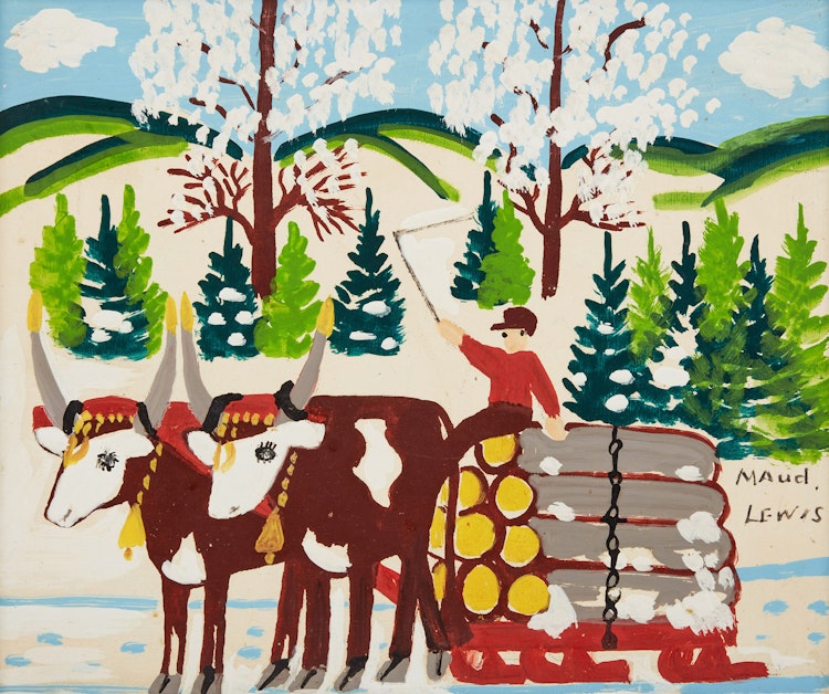 Artwork by Maud Lewis, Oxen Pulling Logs, Winter