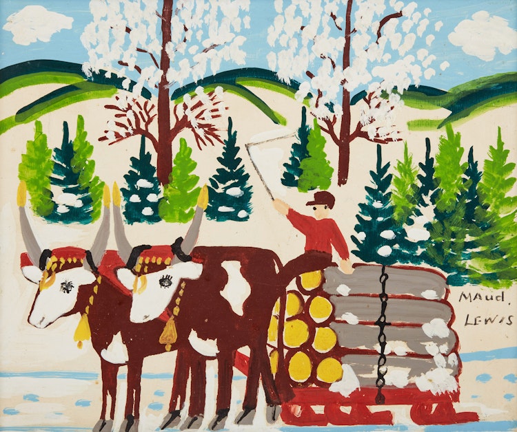 Artwork by Maud Lewis,  Oxen Pulling Logs, Winter