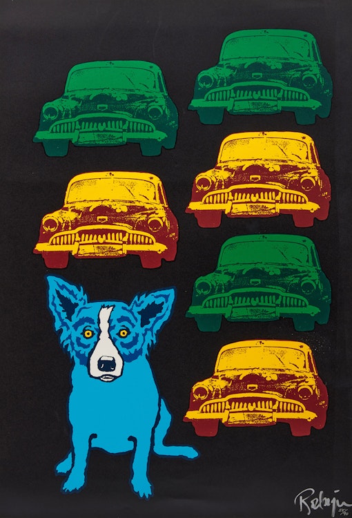 Artwork by George Rodrigue, Junkyard Dog; A Blue Dog Christmas