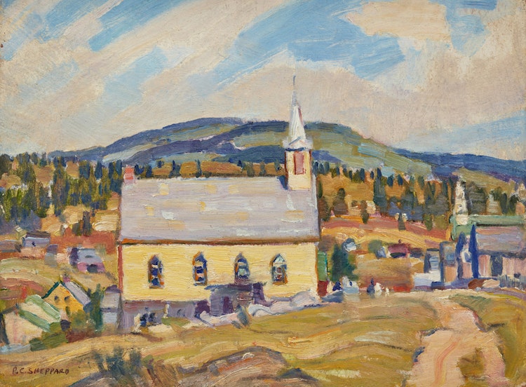 Artwork by Peter Clapham Sheppard,  St. Hilarion Beyond Lake St. Paul, Quebec