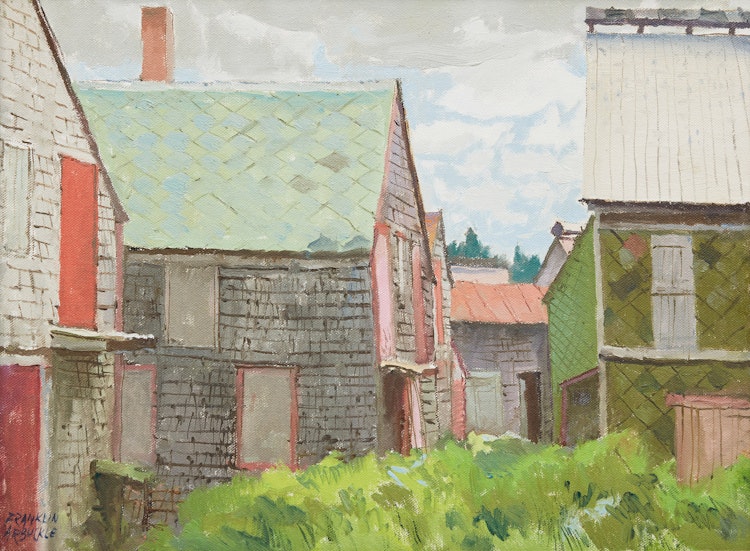 Artwork by George Franklin Arbuckle,  Deserted Fish Drying Houses, Sea Cove, Grand Manan, NB