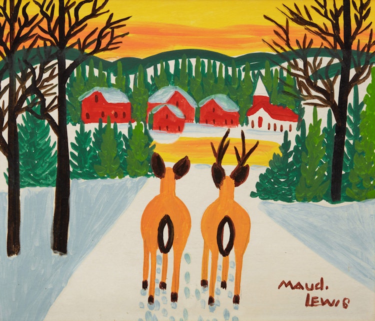 Artwork by Maud Lewis,  Deer Overlooking Village