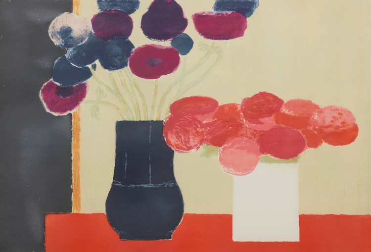 Artwork by Bernard Cathelin, Deux bouquets sur nappe rouge; La jardinière de Moustiers