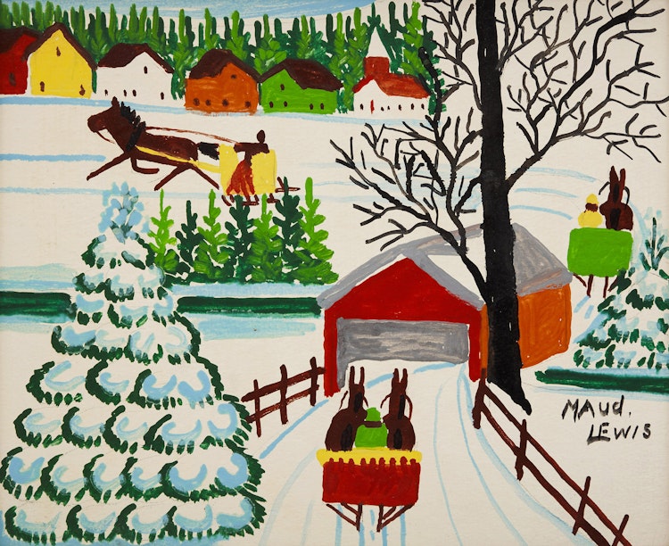 Artwork by Maud Lewis, Winter Landscape with Covered Bridge