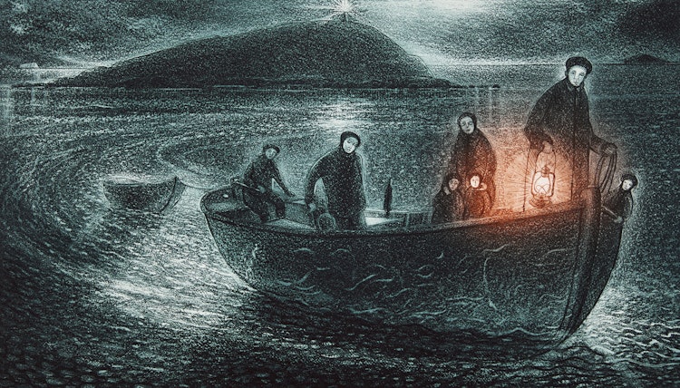 Artwork by David Lloyd Blackwood, Crossing the Reach