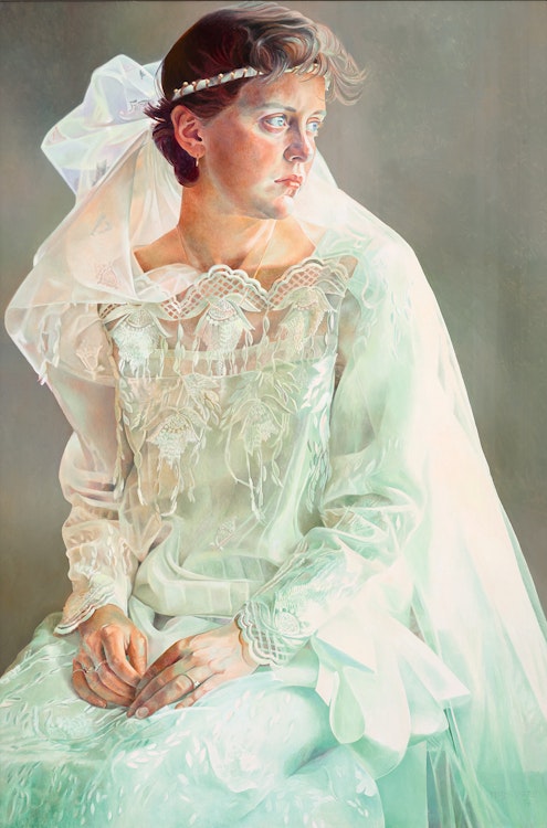 Artwork by Mary Pratt,  Barby in the Dress She Made Herself