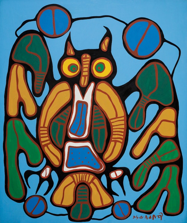 Artwork by Norval Morrisseau, Great Medicine Horned Owl, 1985
