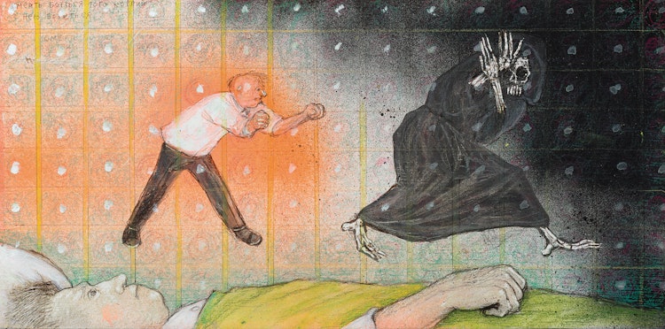 Artwork by William Kurelek,  Death Fears Him Who Resists Her