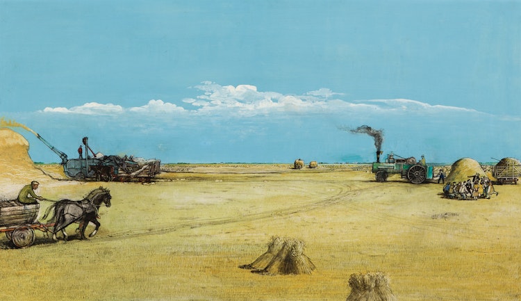 Artwork by William Kurelek,  Negrich Family Threshing Outfit