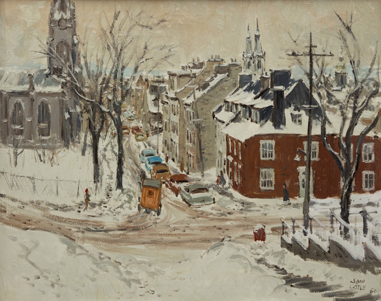 Artwork by John Geoffrey Caruthers Little, Looking Down Sainte-Ursule St. from Ste Genevieve St., Chalmers United Church on Left, Québec