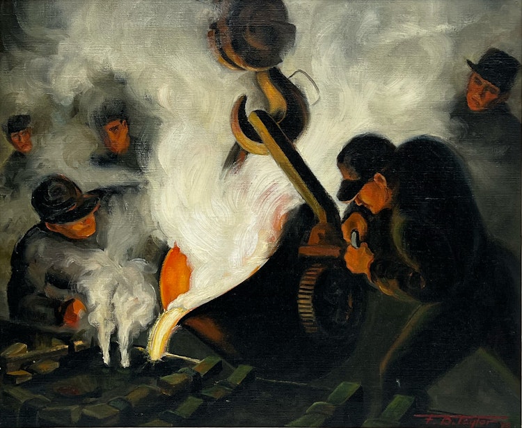 Artwork by Frederick Bourchier Taylor, Pouring Manganese Bronze Parts for Anti-Aircraft Guns in the Brass Foundry, Dominion Engineering Works, Lachine PQ, November 1942