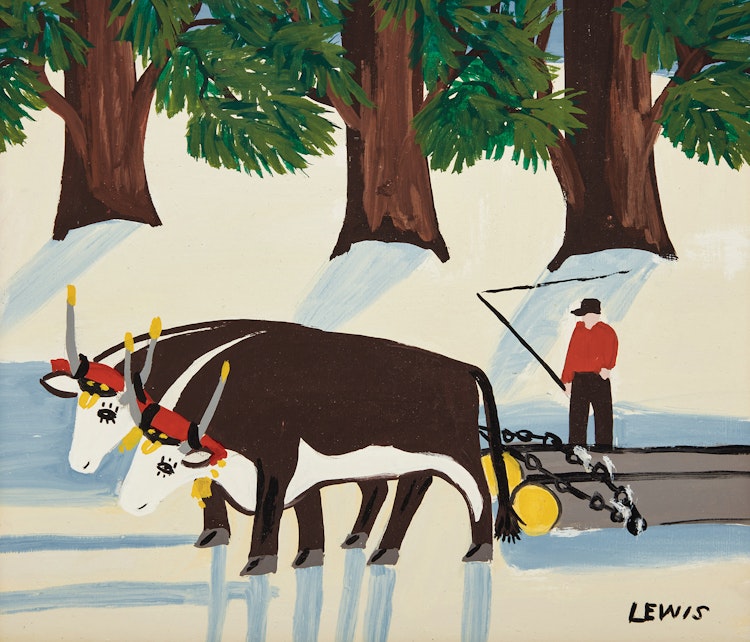 Artwork by Maud Lewis, Two Oxen Hauling Logs