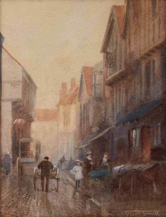 Artwork by Frederic Marlett Bell-Smith, Street Scene (possibly Westgate Street, Gloucester)