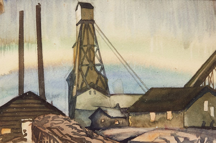 Artwork by Illingworth Holey Kerr, Installing the Electric Hoist at Iqaluit Mine; The Mine