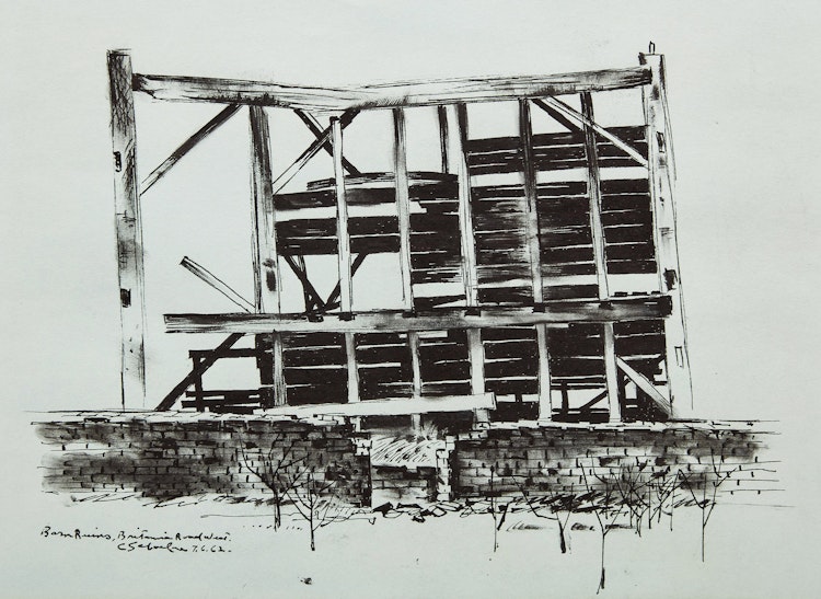 Artwork by Carl Fellman Schaefer, Barn Ruins, Britannia Road West