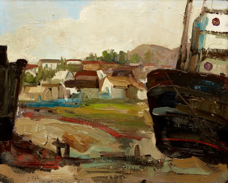 Artwork by Armand Tatossian, Coastal Village; Harbour