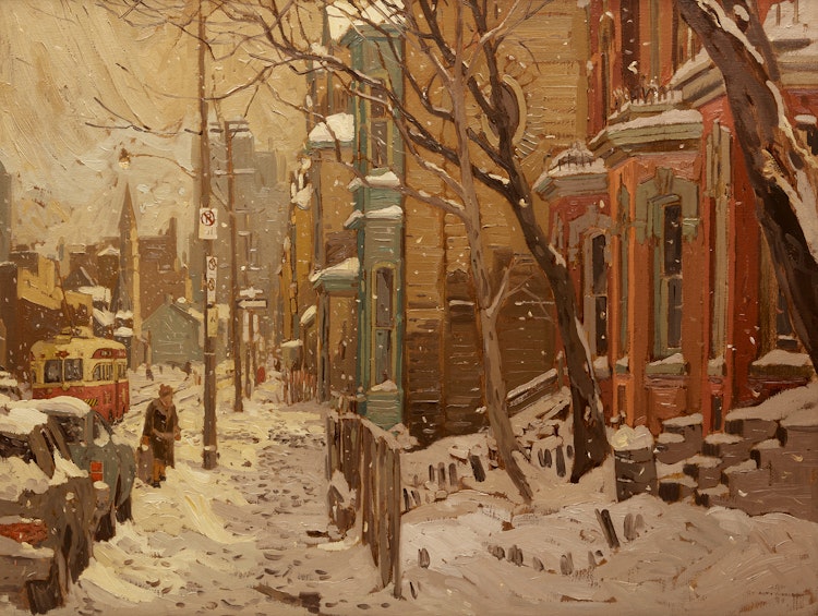 Artwork by Arto Yuzbasiyan, Winter Street with Streetcar