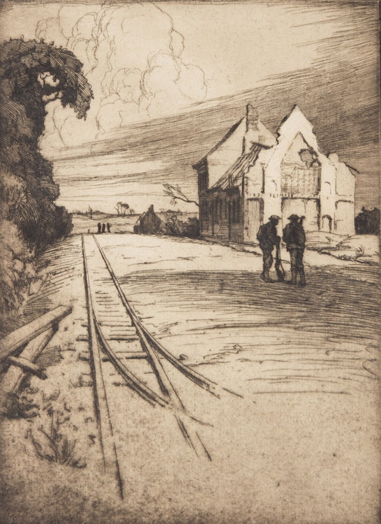 Artwork by Cyril Henry Barraud, Untitled, Soldiers Beside Railway Tracks
