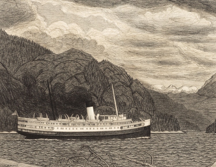 Artwork by Edward John Hughes, Steamer in Grenville Channel, 1952