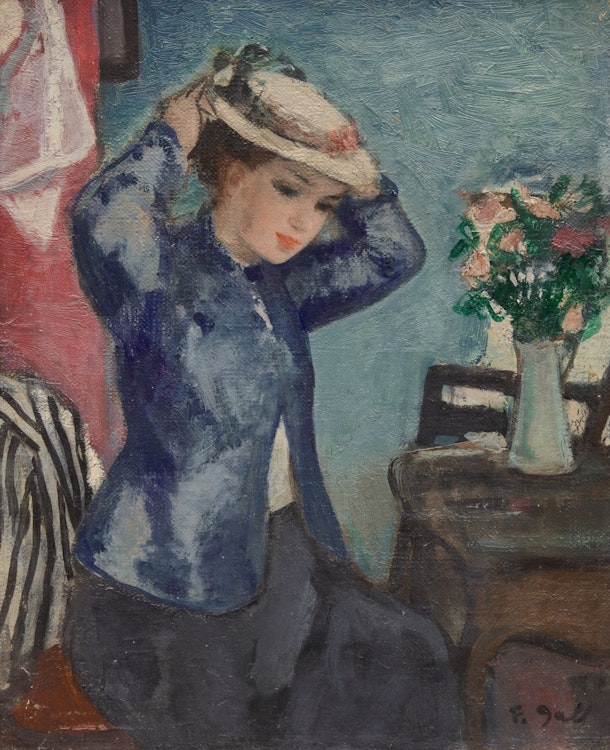 Artwork by François Gall, Eugénie essaie son chapeau devant la coiffeuse fleurie and Eugénie peigne ses cheveux longs devant la coiffeuse fleurie