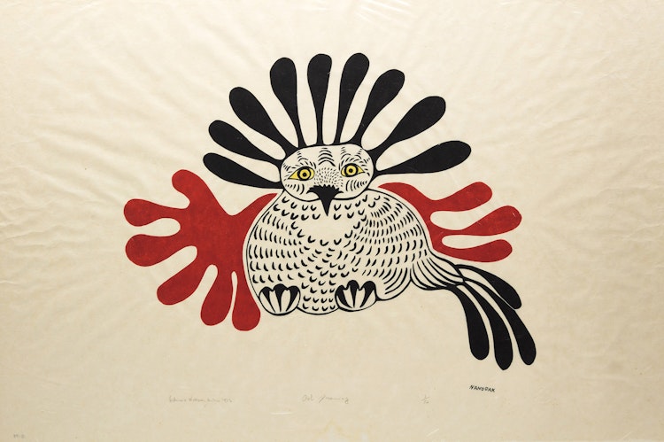 Artwork by Agnes Nanogak, Owl Grooming