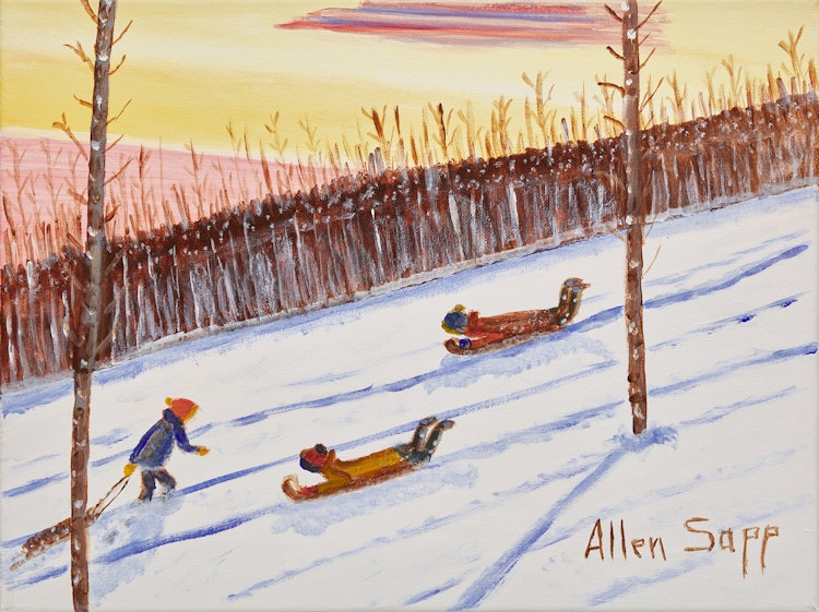 Artwork by Allen Sapp, Sledding