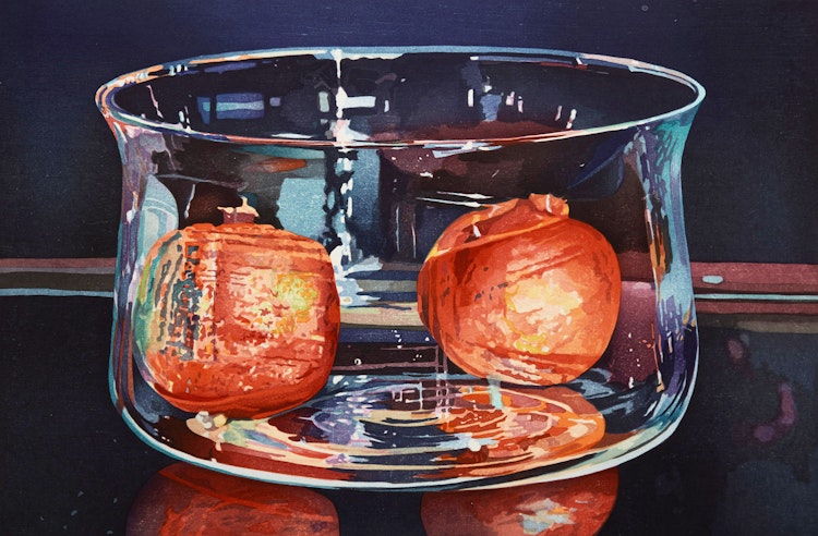 Artwork by Mary Pratt, Pomegranates In A Dark Room