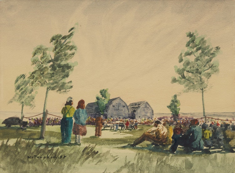 Artwork by William Perehudoff, Farm Gathering