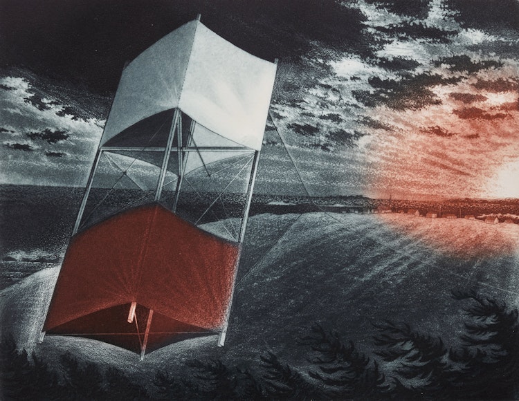 Artwork by David Lloyd Blackwood, Box Kite over Greenspond