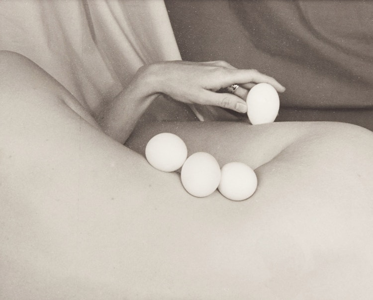 Artwork by Ney Tait Fraser, Four Views (Nude Crouched by a Rock, Dune 03, Flimsey and Temple of Eggs)