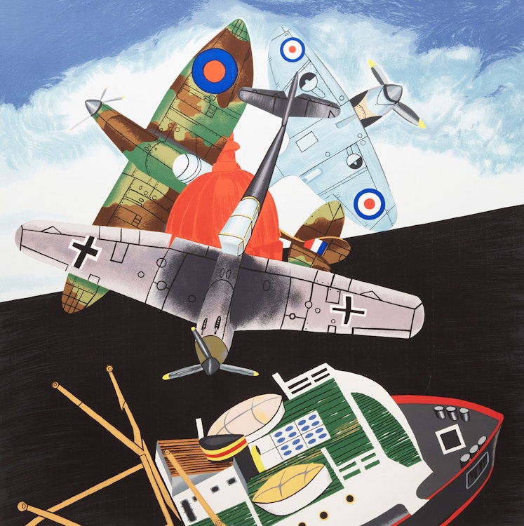 Artwork by Malcolm Morley, War Planes and Sailboat