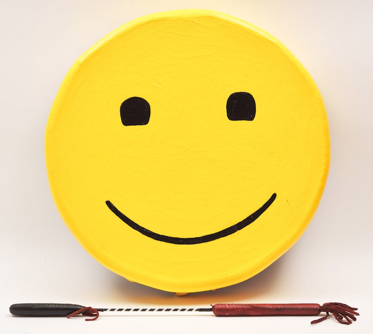Artwork by Lawrence Paul Yuxweluptun, Emoji Drum with Custom Drumstick, 2021