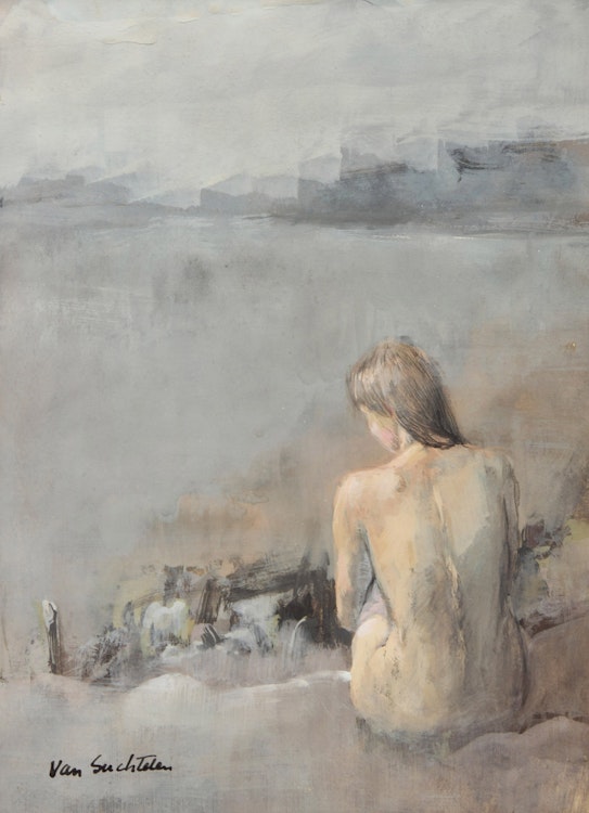 Artwork by Con Van Suchtelen, Woman Sitting on Shore