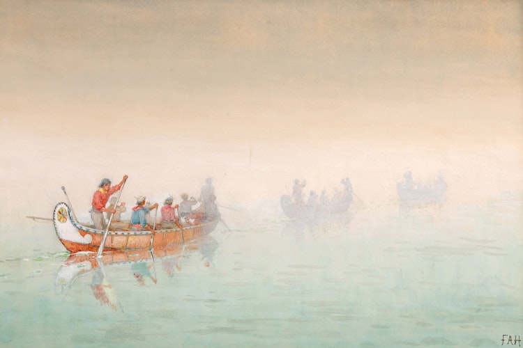 Artwork by Frances Anne Hopkins, Canoes in a Fog, Lake Superior, 1864