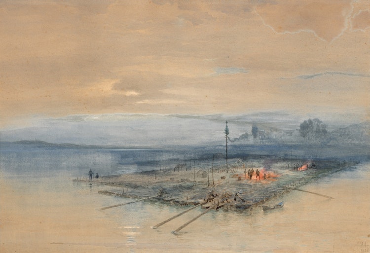 Artwork by Frances Anne Hopkins, Lumber Raft on the Ottawa, 1886