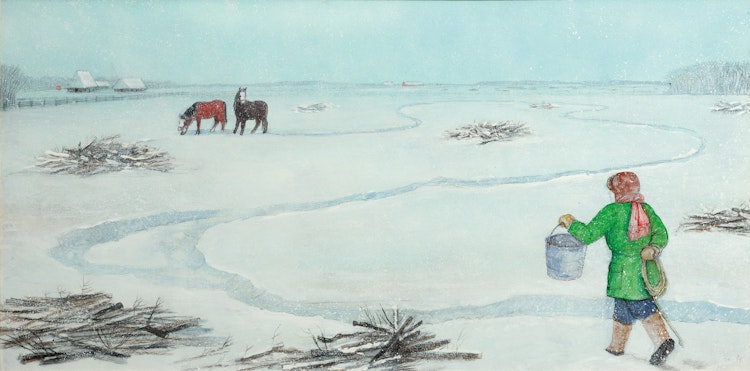 Artwork by William Kurelek, Farm Scene with Two Horses (Going to Feed and Rope), 1974