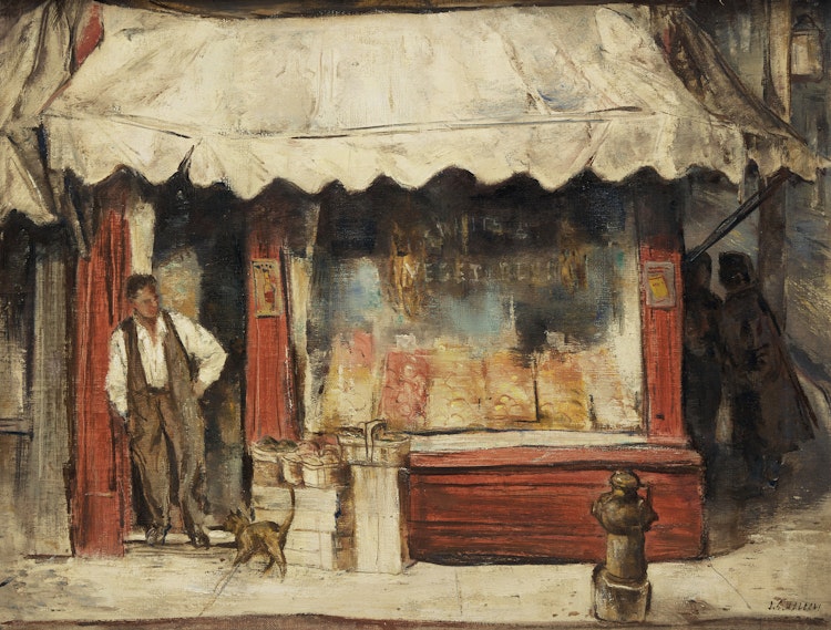 Artwork by Joseph Sidney Hallam, Fruit Store (with Cat)