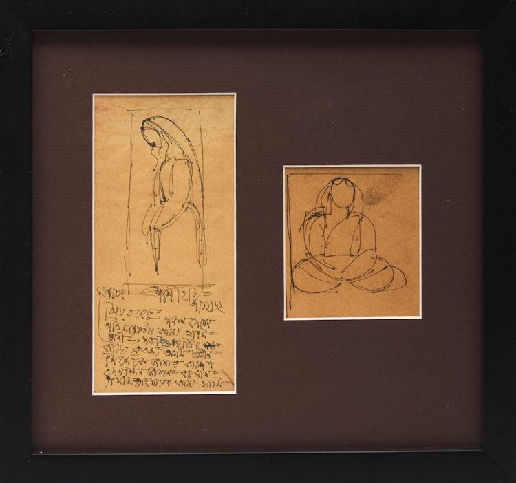 Artwork by Jamini Roy, Two Sketches of Figures with Text