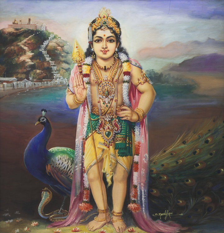 Artwork by S. Murugakani, Lord Murugan with a Peacock