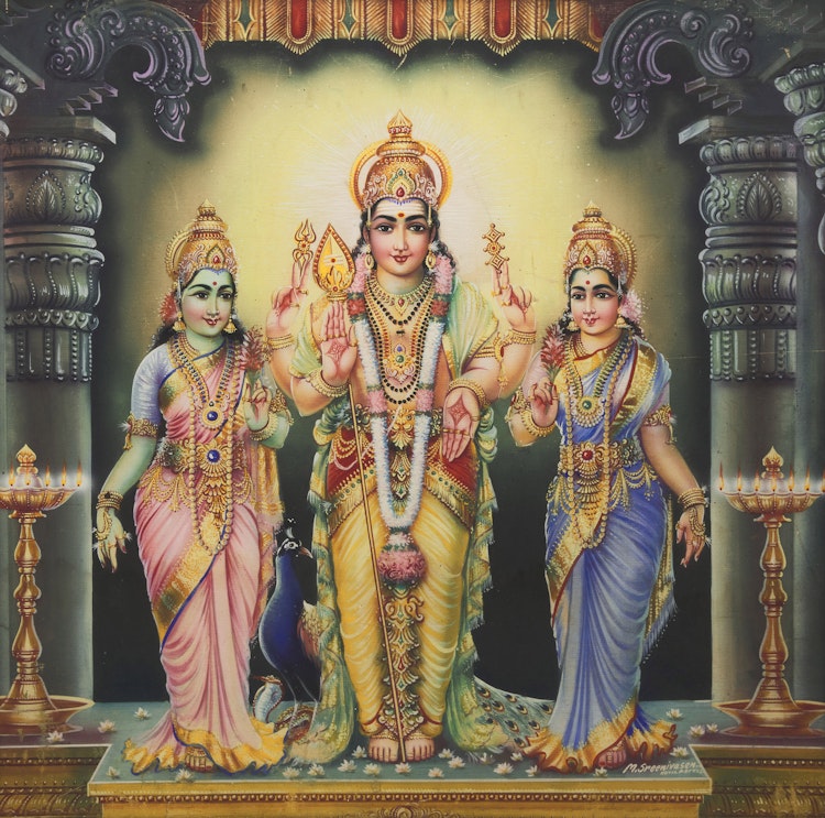 Artwork by M. Sreenivasen, Lord Murugan with Attendants