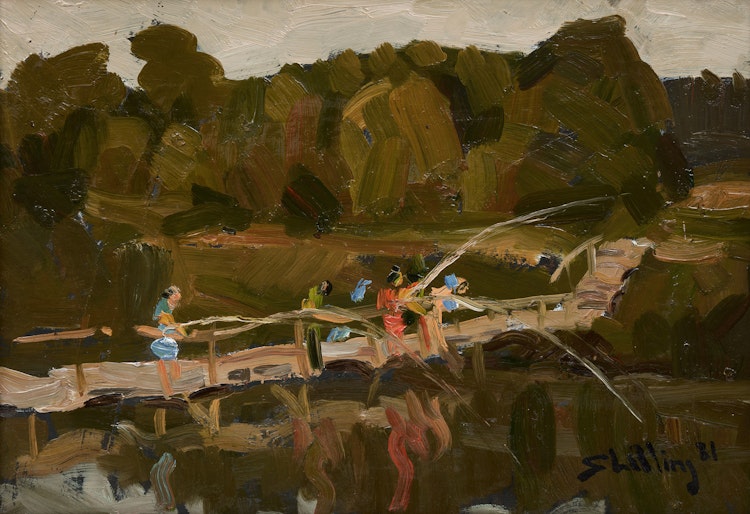 Artwork by Arthur Shilling, Fishing on a Bridge