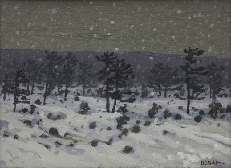 Artwork by Bruno Joseph Bobak, Snow Falling on Tamaracks