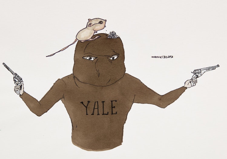 Artwork by Marcel Dzama, Hooded Yale Man with Two Six Shooters and a Rat