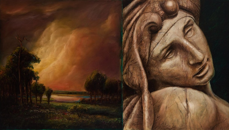 Artwork by David Bierk, Untitled (Landscape and Marble Statue)