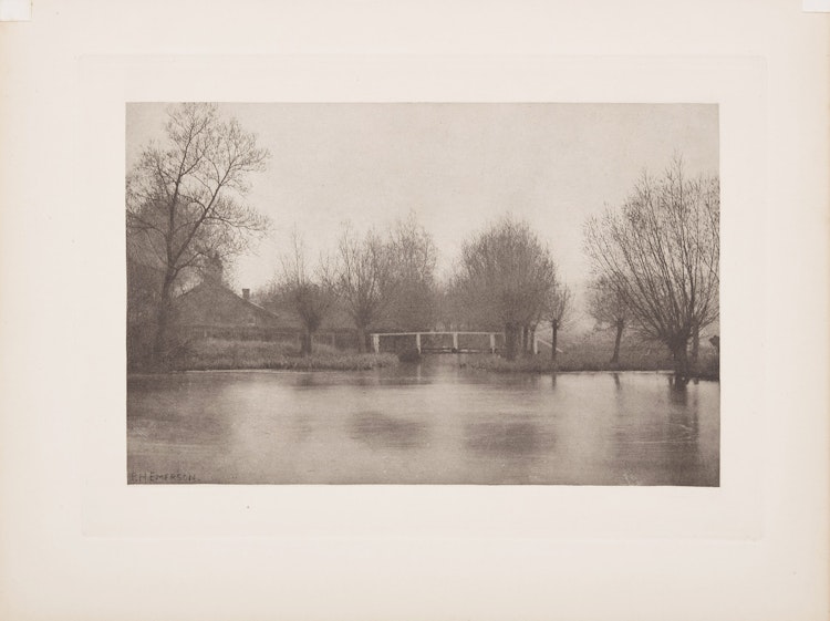 Artwork by Peter Henry Emerson, A Rainy Day at Flanders Weir (Bridge)