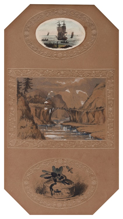 Artwork by William Henry Edward Napier, Sailboats, Landscape with Bridge and Inkwell