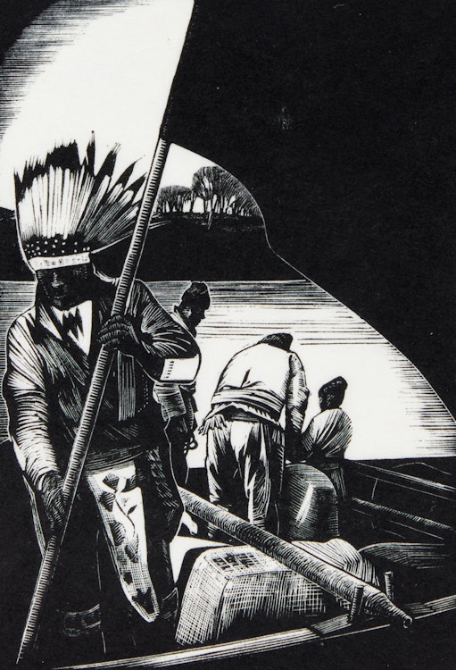 Artwork by Walter Joseph Phillips, Early Traders/Unloading the Pieces - York Boats, from Dreams of Fort Gary, 1931