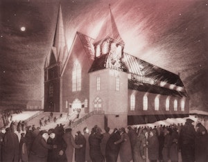 Artwork by David Lloyd Blackwood, Wesleyville: Burning of the Methodist Church, 1976