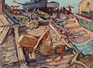 Artwork by Arthur Lismer, Launching the Blue Boat, Cape Breton. N.S., 1945