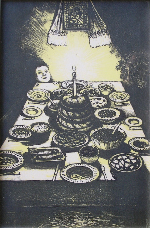 Artwork by William Kurelek, Ukrainian Christmas Eve Feast